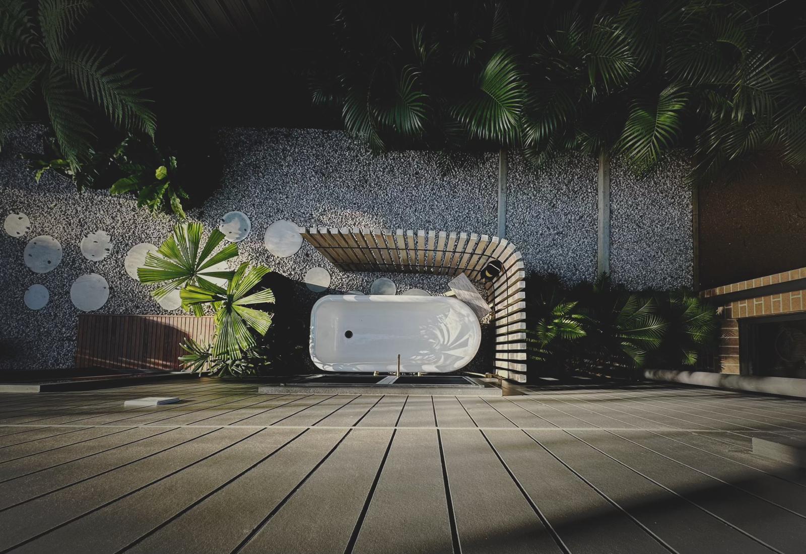 Outdoor freestanding bath & deck shower — Gerringong | Shellharbour Plumbing