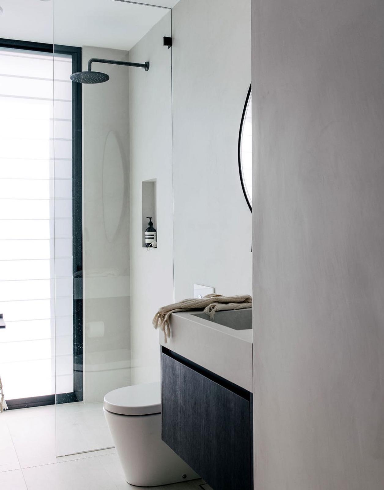 Microcement walk-in ensuite — Shell Cove | Shellharbour Plumbing