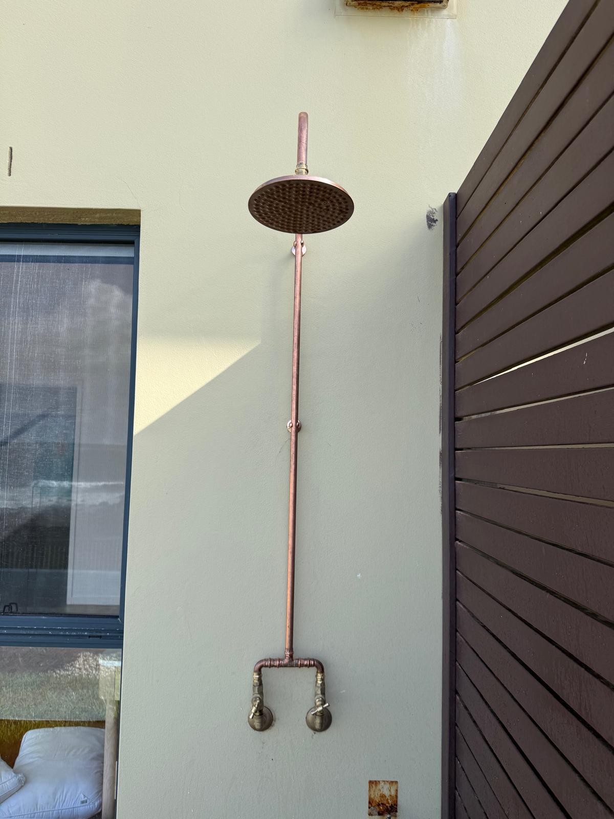 Copper outdoor shower — rainhead & dual taps — Gerringong | Shellharbour Plumbing
