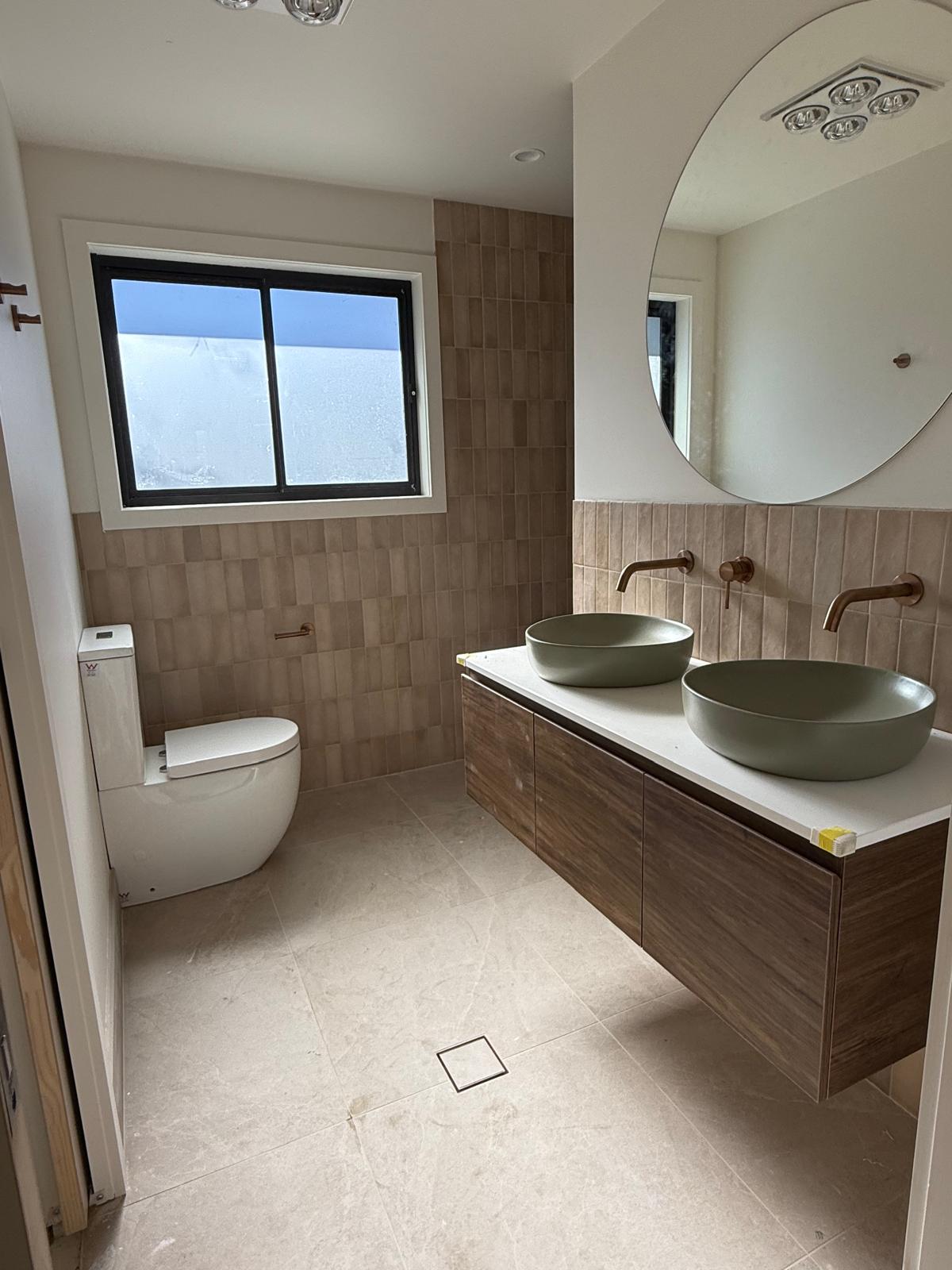 Double vanity with sage vessel basins — Oak Flats | Shellharbour Plumbing