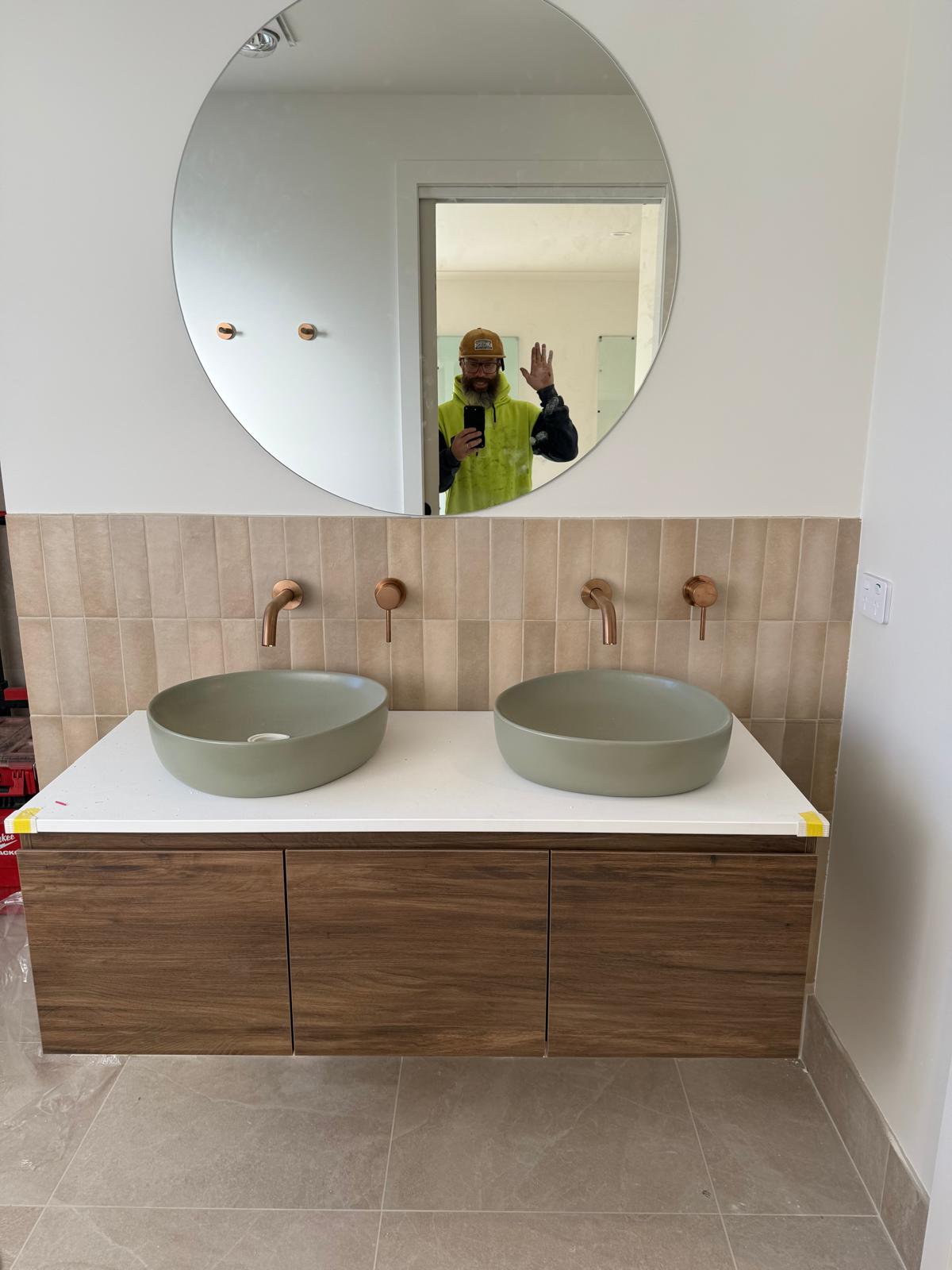 Double vanity — sage basins & brushed copper — Shell Cove | Shellharbour Plumbing