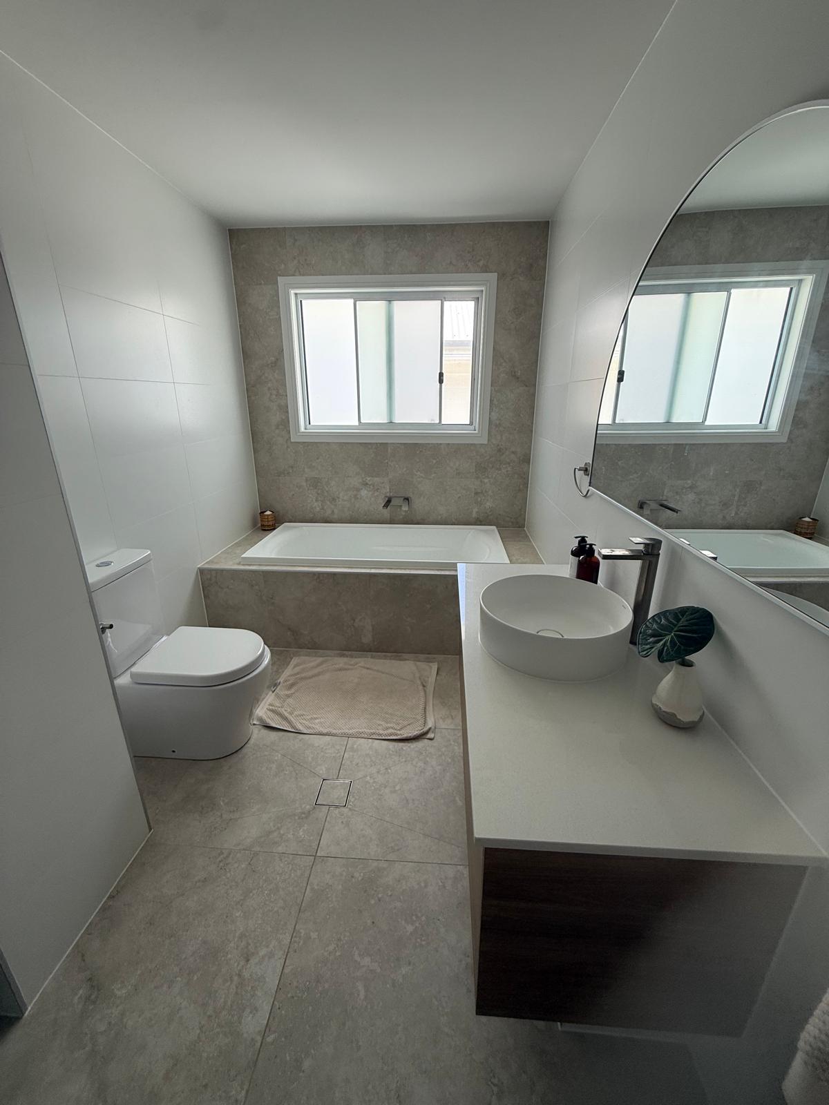 Main bathroom — inset bath & vessel basin — Shell Cove | Shellharbour Plumbing