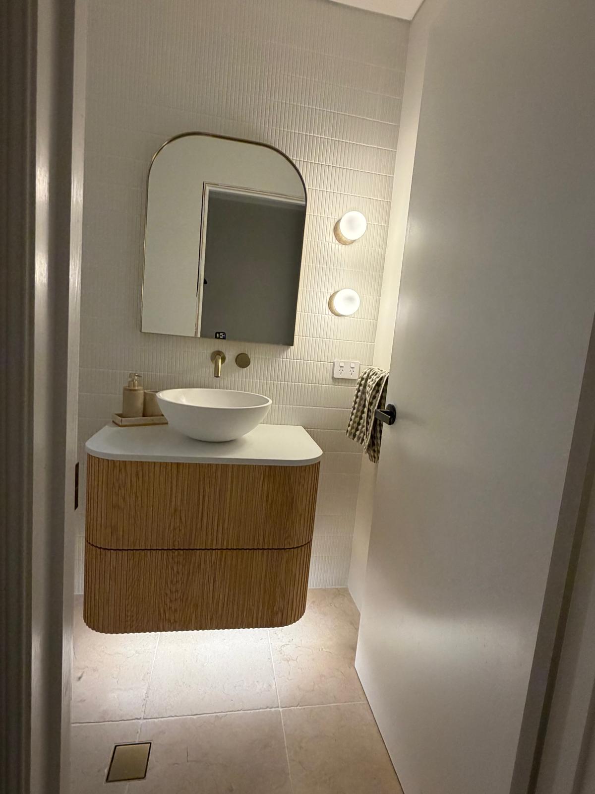 Powder room — fluted vanity & vessel basin — Gerringong | Shellharbour Plumbing